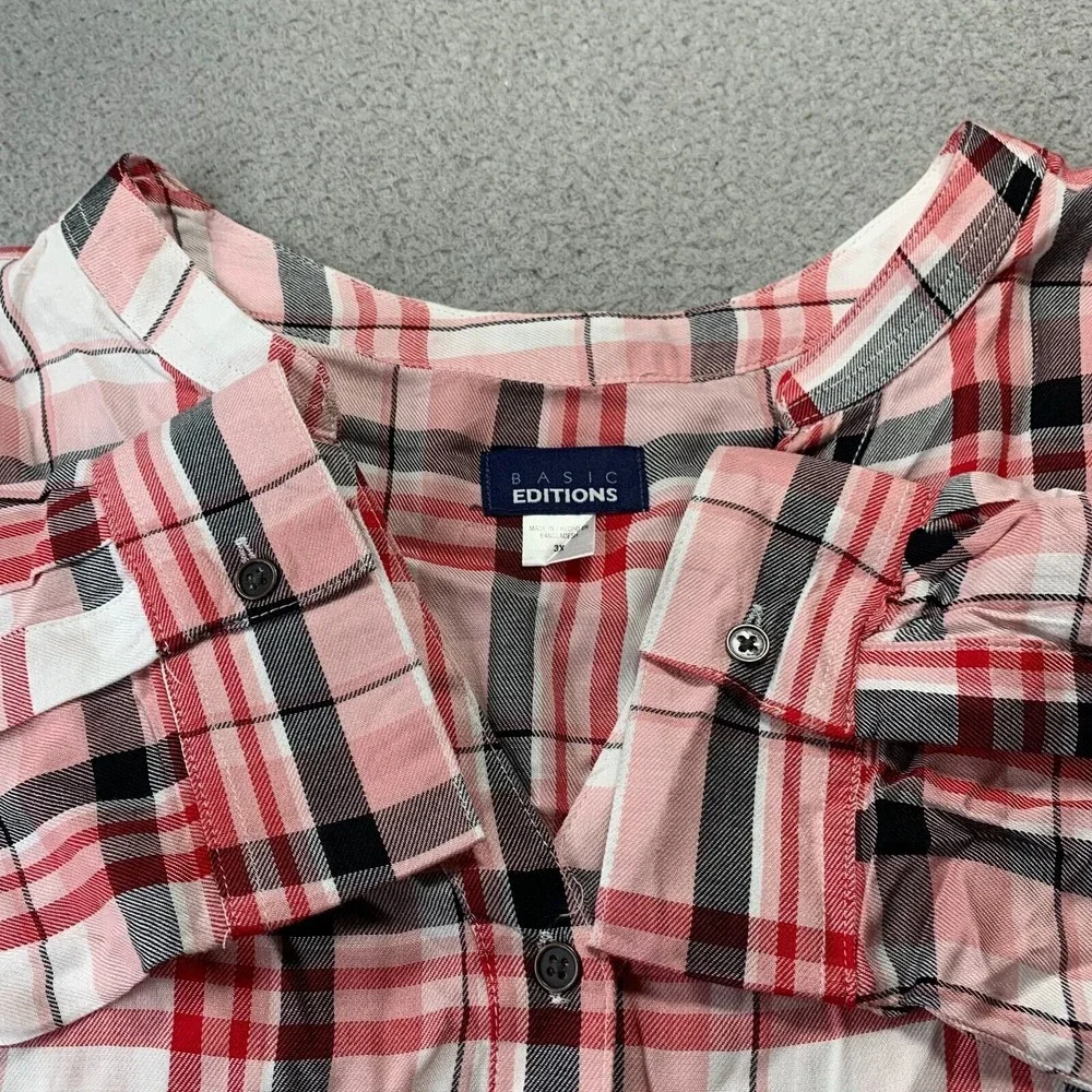 BASIC EDITIONS Shirt Womens 3X Button Up Blouse Top Plaid Long Sleeve Pink - Picture 7 of 8